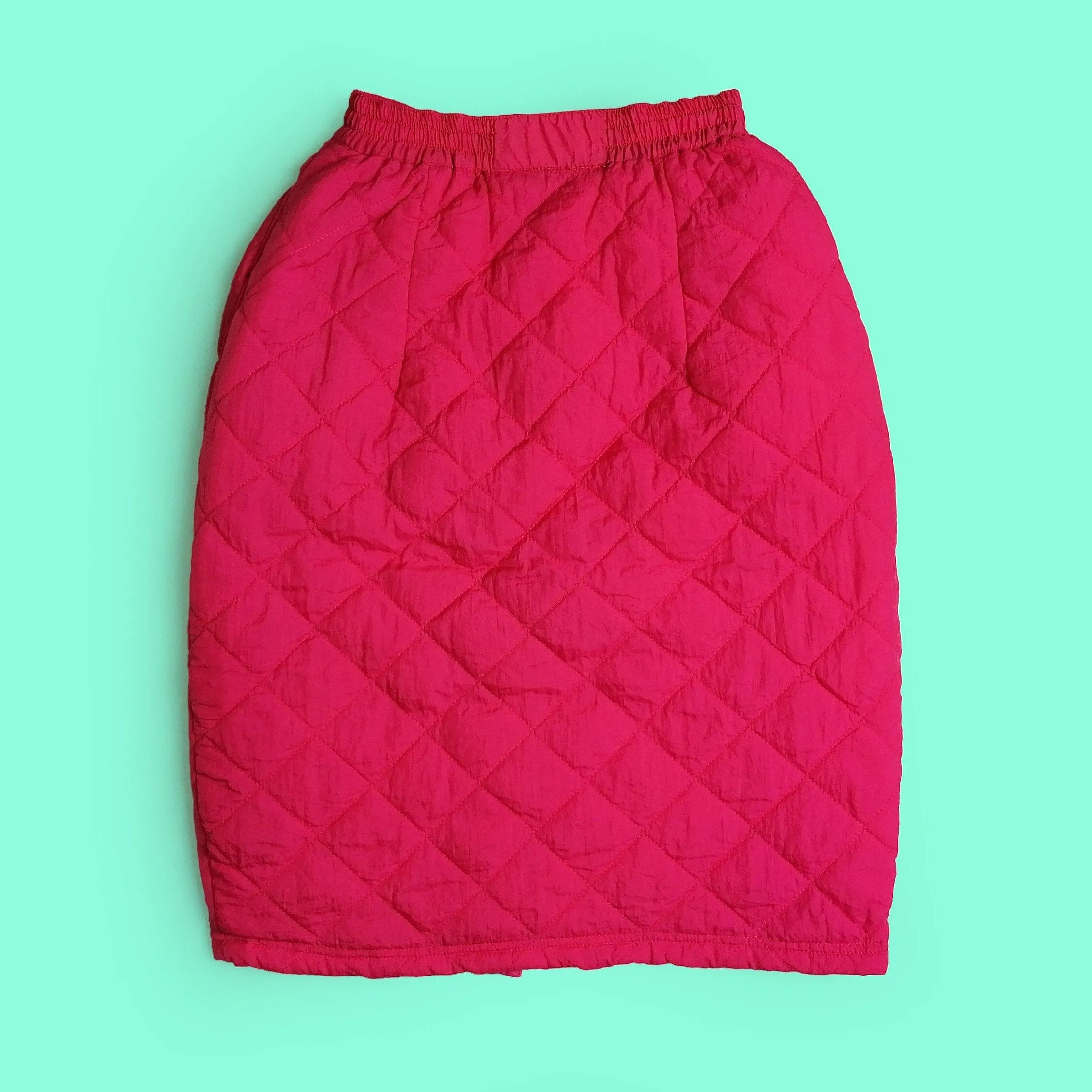 80's Quilted Skirt Nylon Padded High Waist in Pink ~ size S-M