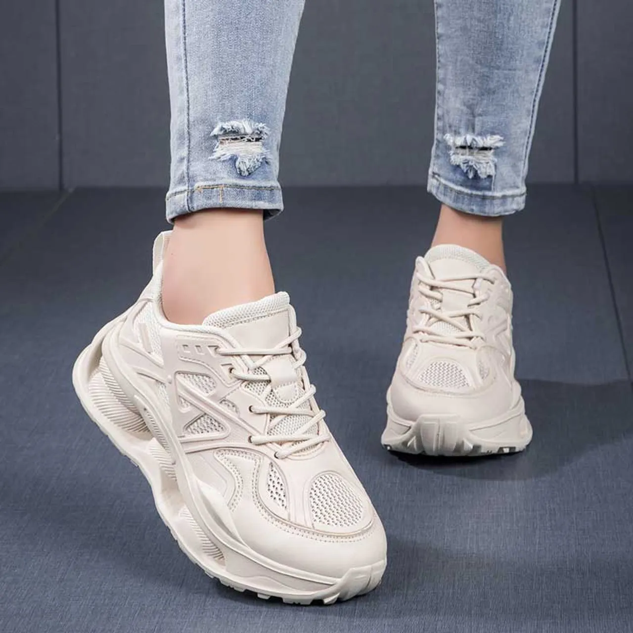 Beige hollow mesh plain sport shoe sneaker