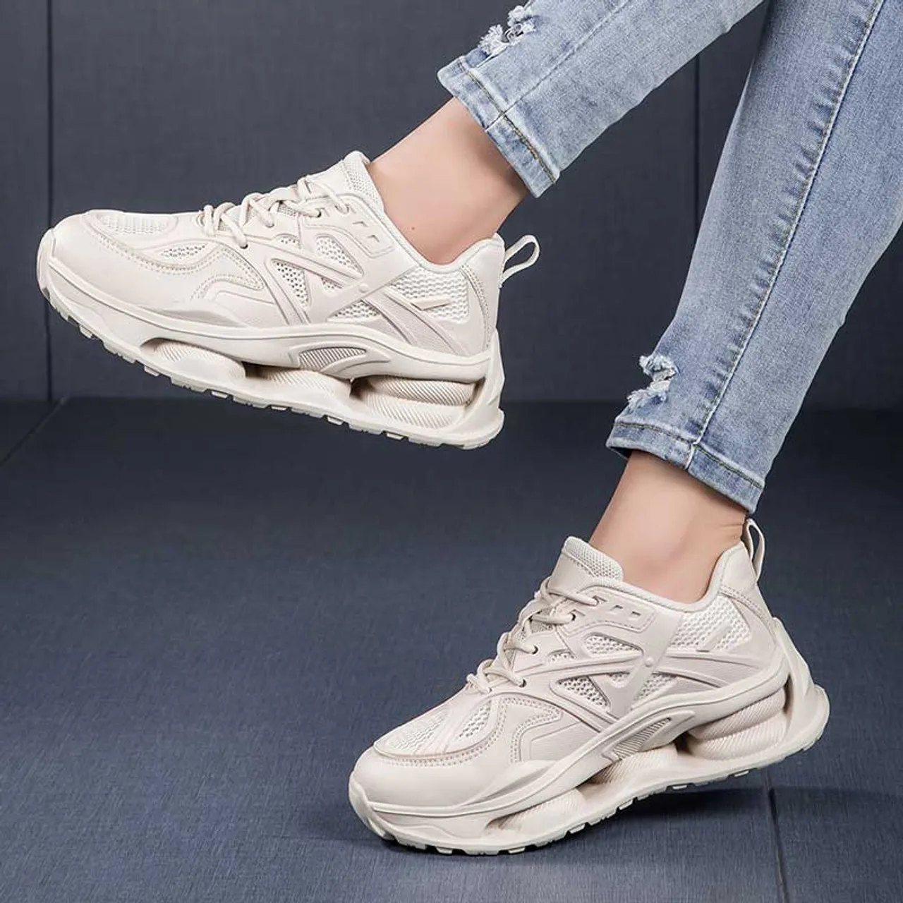 Beige hollow mesh plain sport shoe sneaker