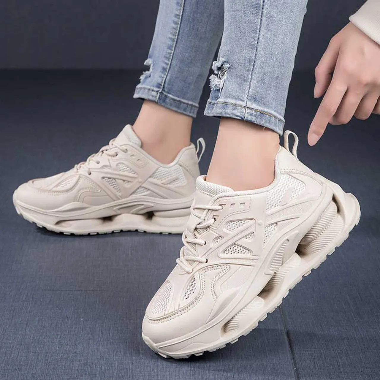 Beige hollow mesh plain sport shoe sneaker