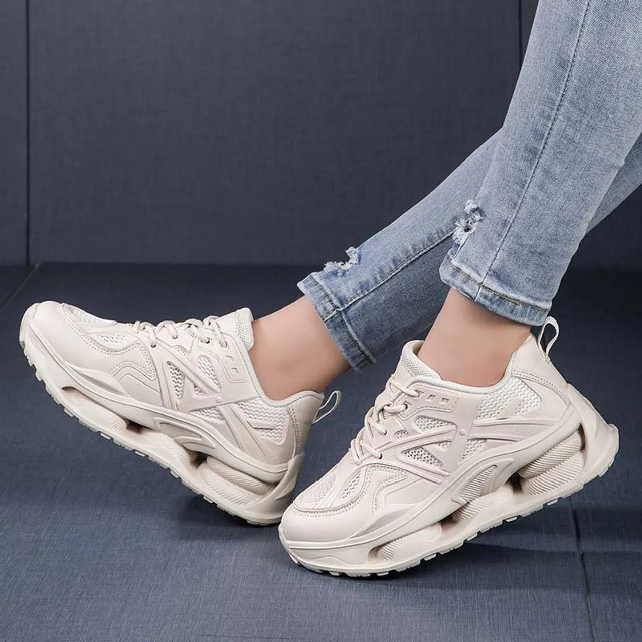 Beige hollow mesh plain sport shoe sneaker