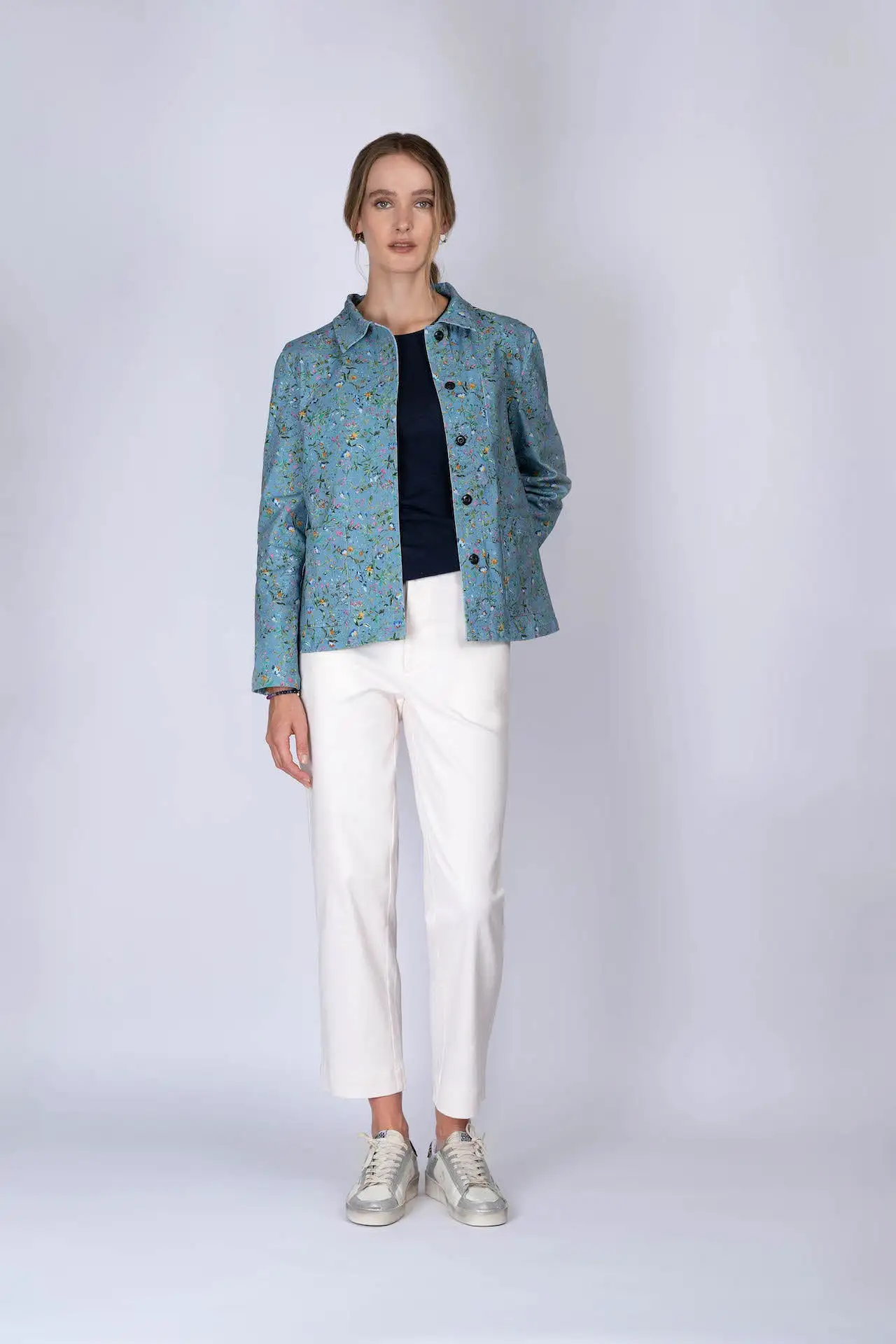 Blue botanical print cotton twill Pelli jacket