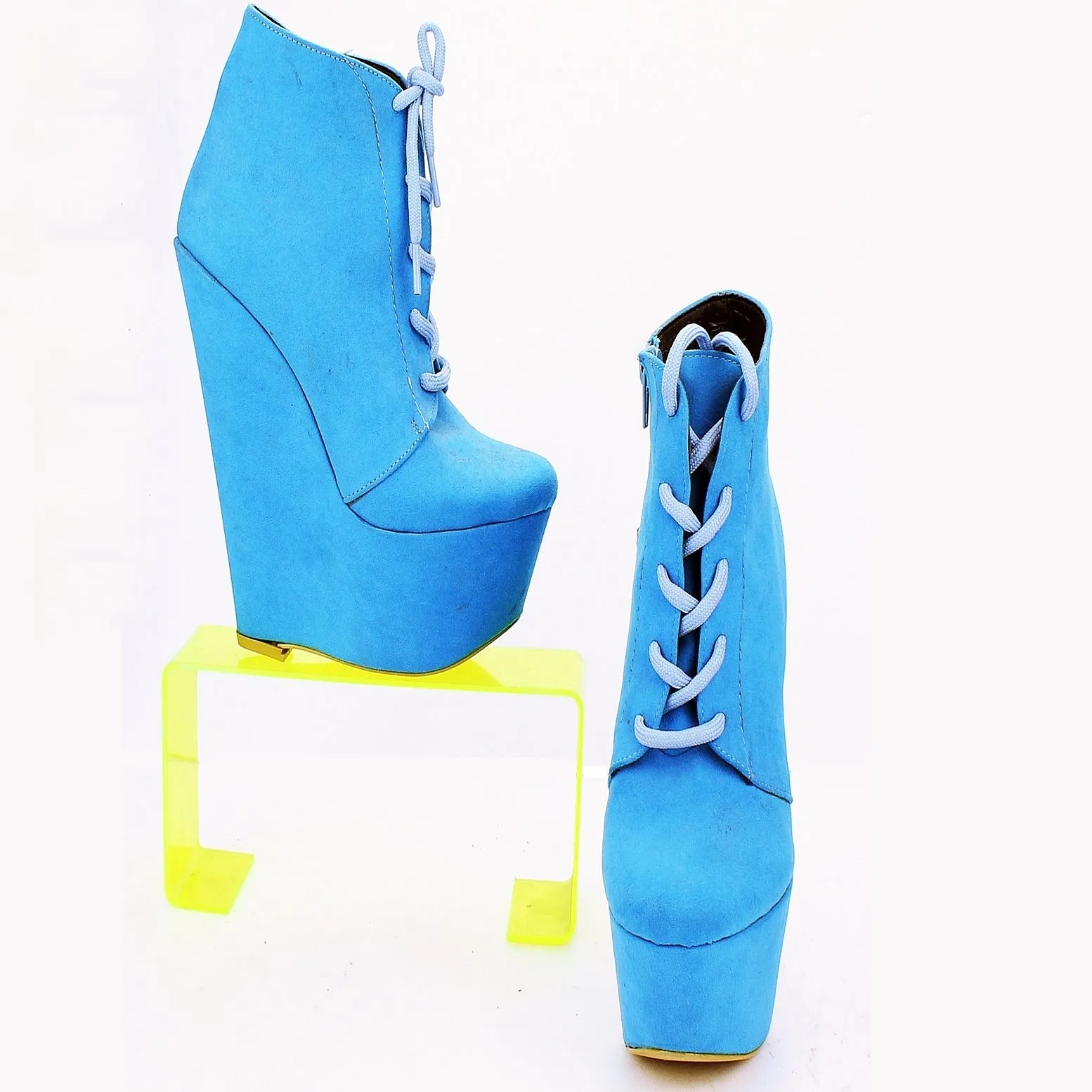 Blue Lace Up Ankle 16 cm Heel Wedge Booties