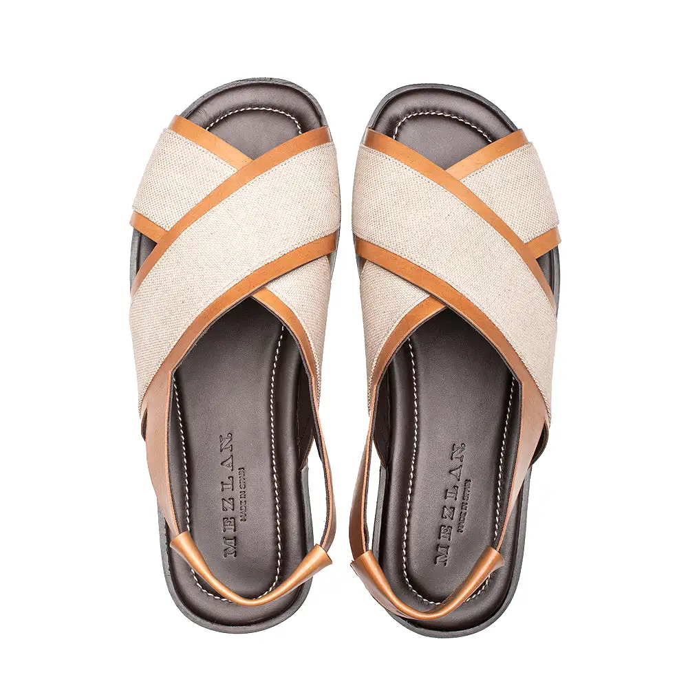 Calf/Linen Cross-Strap Sandal