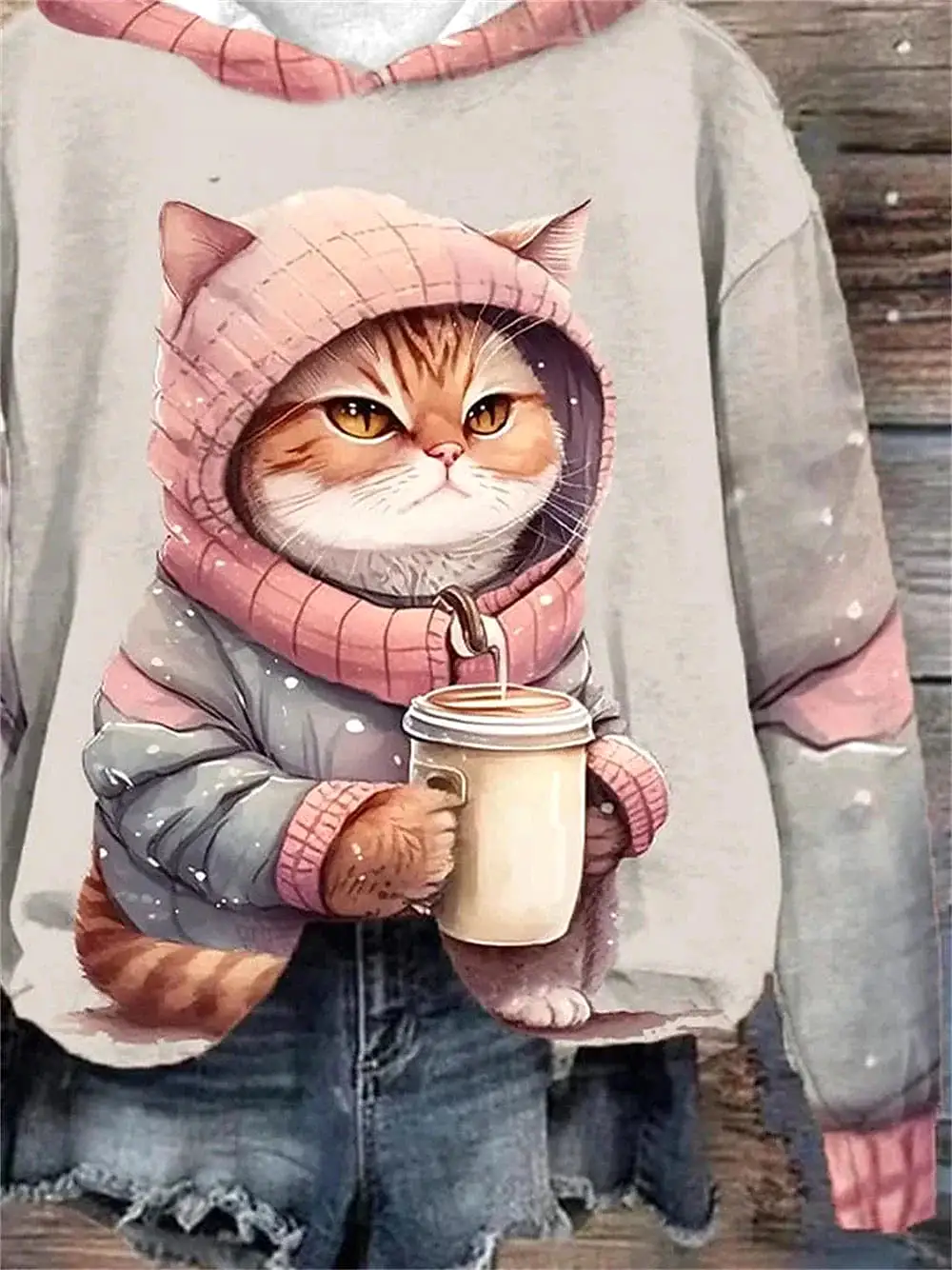 Cat Print Women's Hoodie Sweatshirt for Fall & Winter