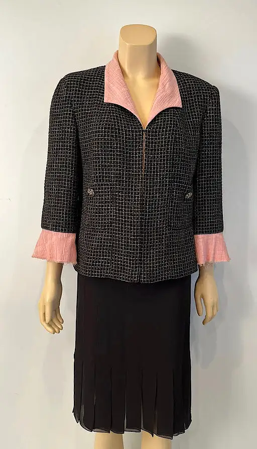 Chanel 12S 2012 Summer Black Metallic Tweed Pink Jacket FR 44 US 8/10