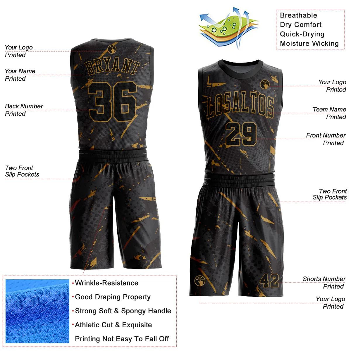 Custom Black Old Gold Bright Lines Round Neck Sublimation Basketball Suit Jersey