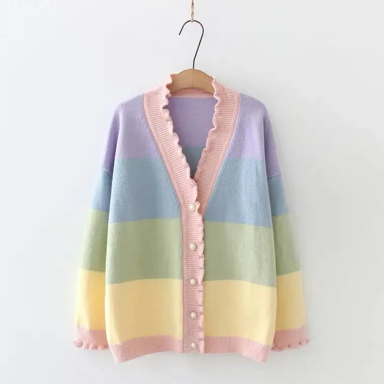 Cute rainbow stripe v-collar cardigan sweater BY7001