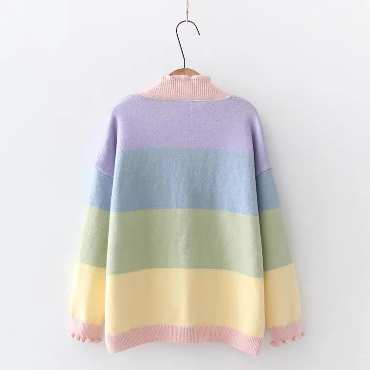 Cute rainbow stripe v-collar cardigan sweater BY7001