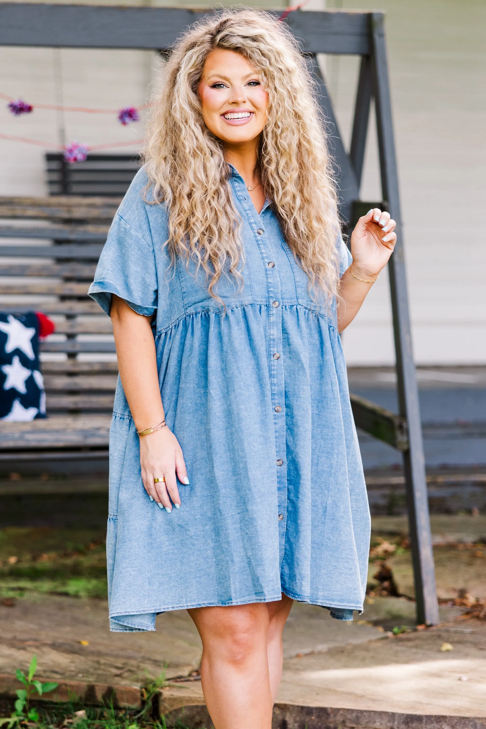 Darling Denim Babydoll Dress, Medium Wash