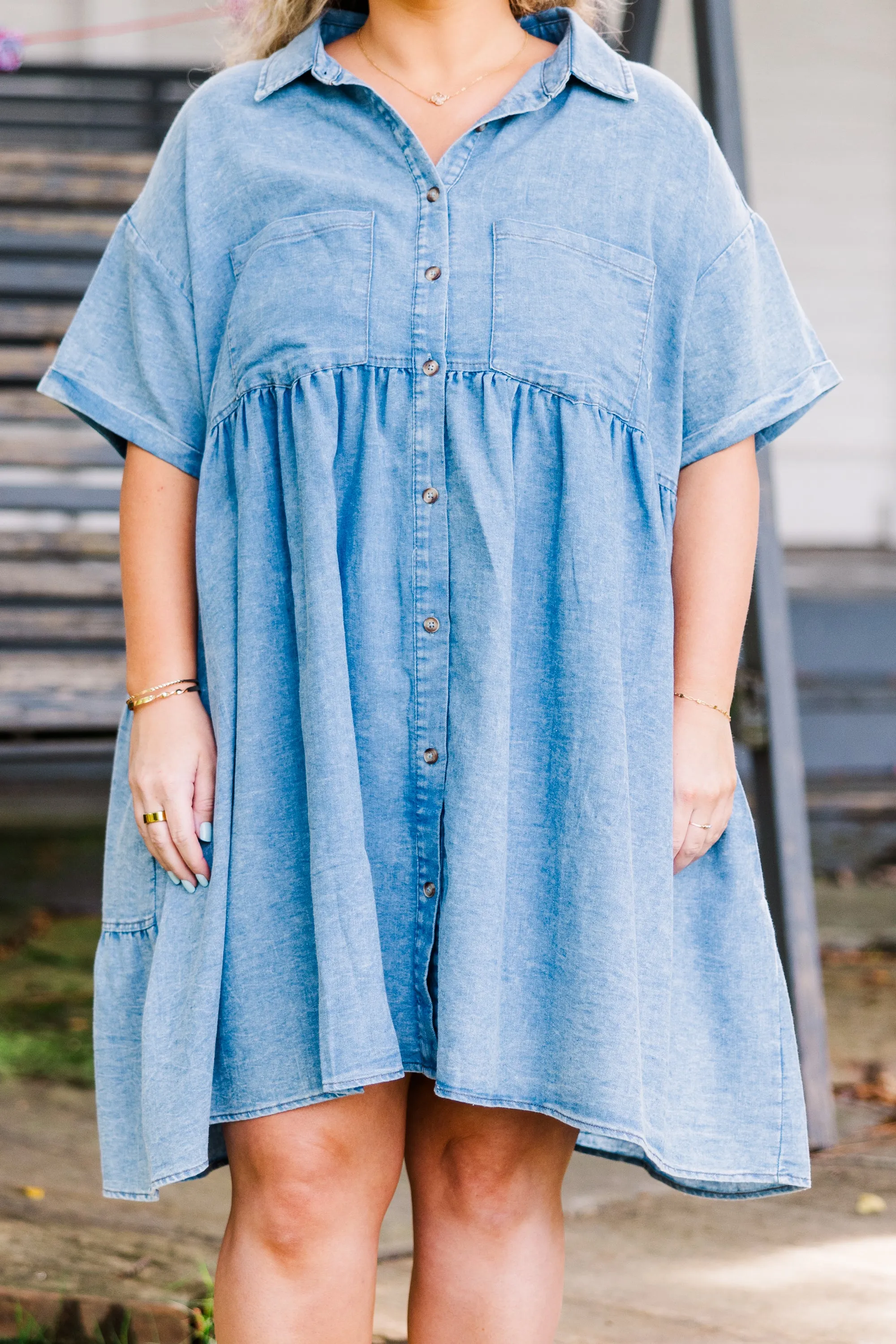 Darling Denim Babydoll Dress, Medium Wash