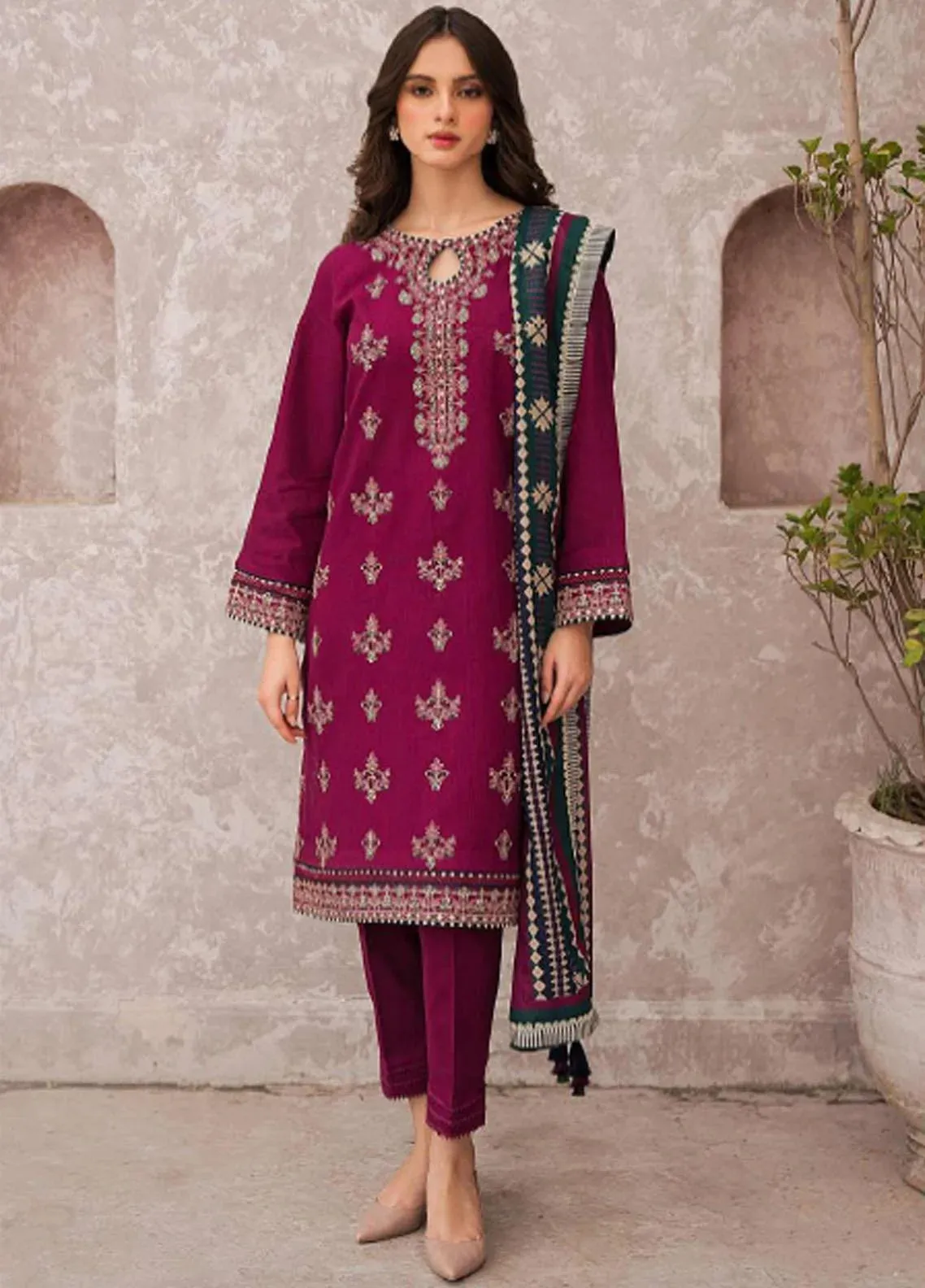 Dastak By Jazmin Unstitched Embroidered Khaddar 3Pc Suit D-02 Ziba