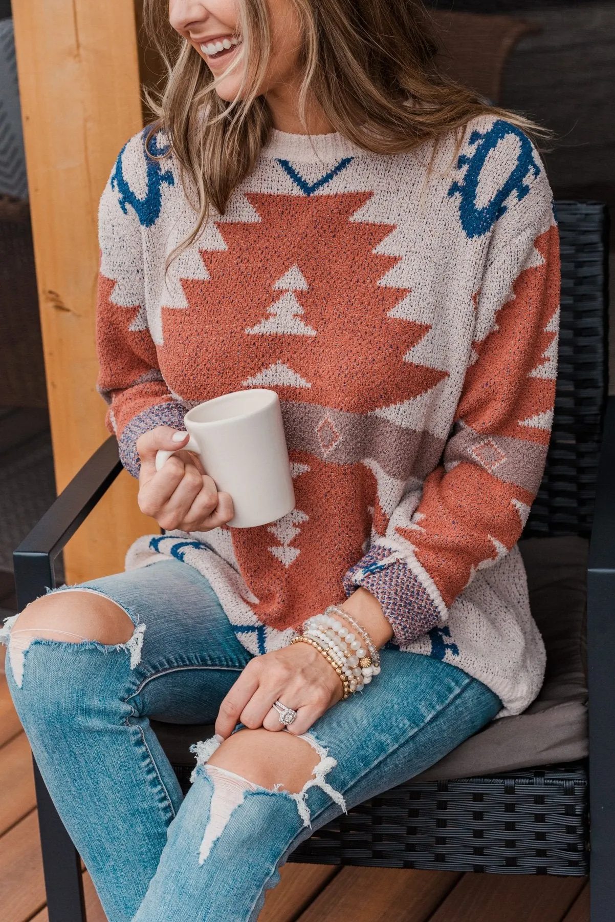 Down To Earth Aztec Sweater- Oatmeal, Rust & Navy