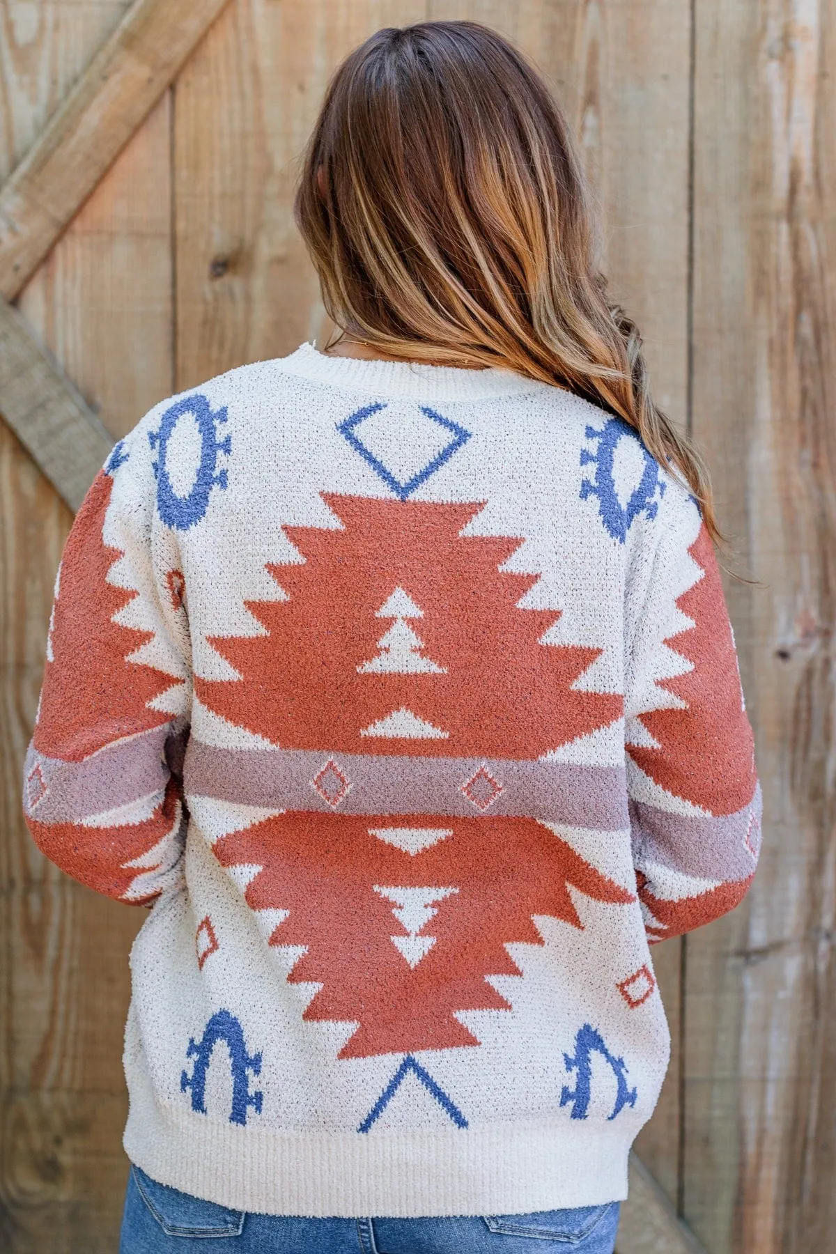 Down To Earth Aztec Sweater- Oatmeal, Rust & Navy