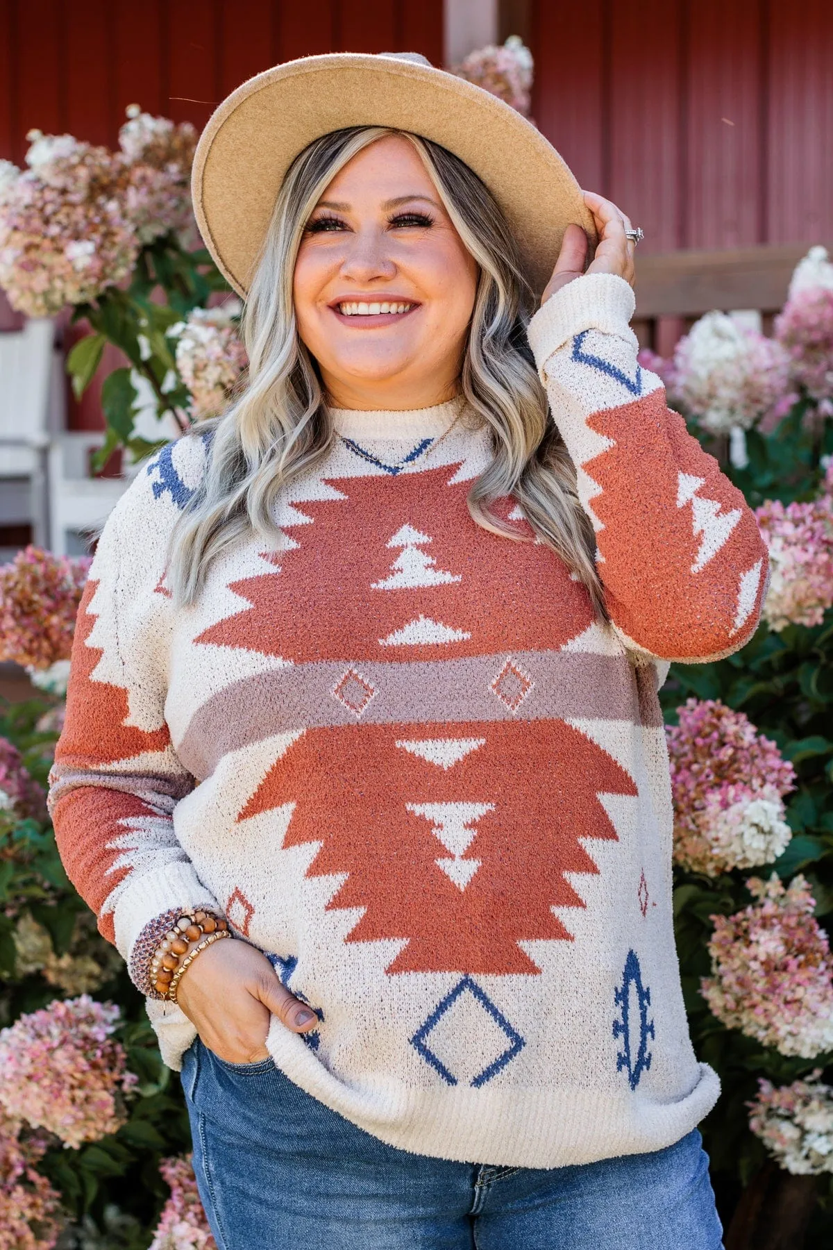 Down To Earth Aztec Sweater- Oatmeal, Rust & Navy