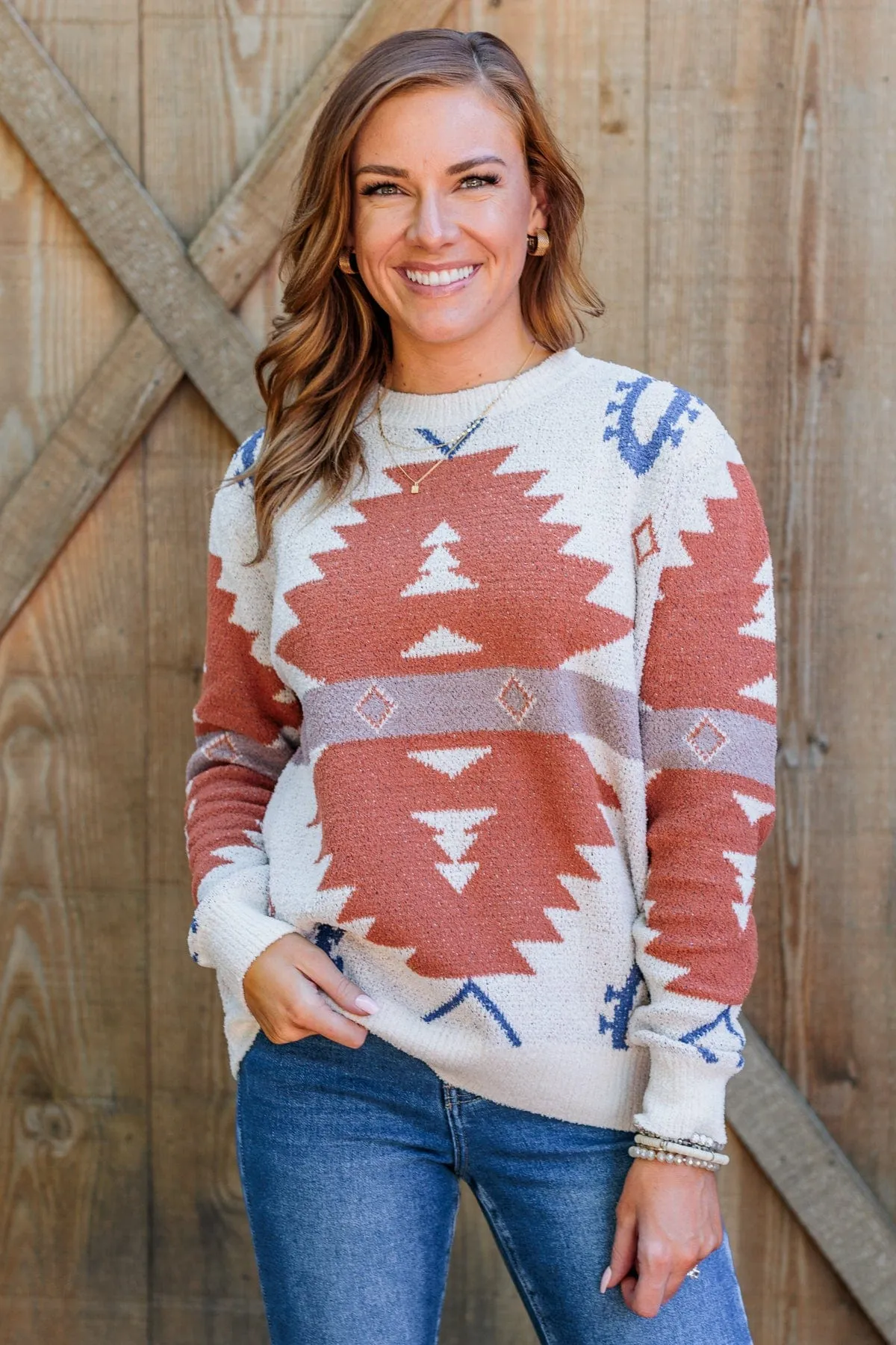 Down To Earth Aztec Sweater- Oatmeal, Rust & Navy