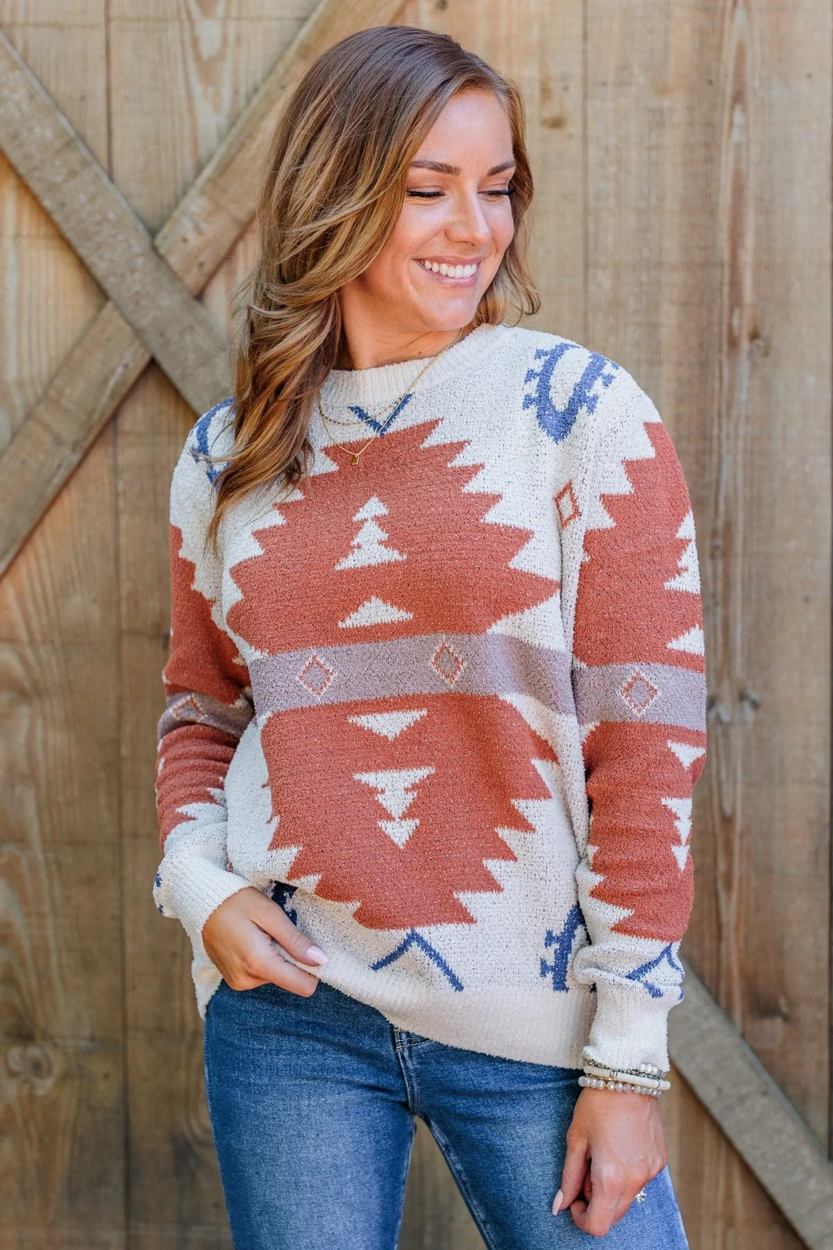 Down To Earth Aztec Sweater- Oatmeal, Rust & Navy