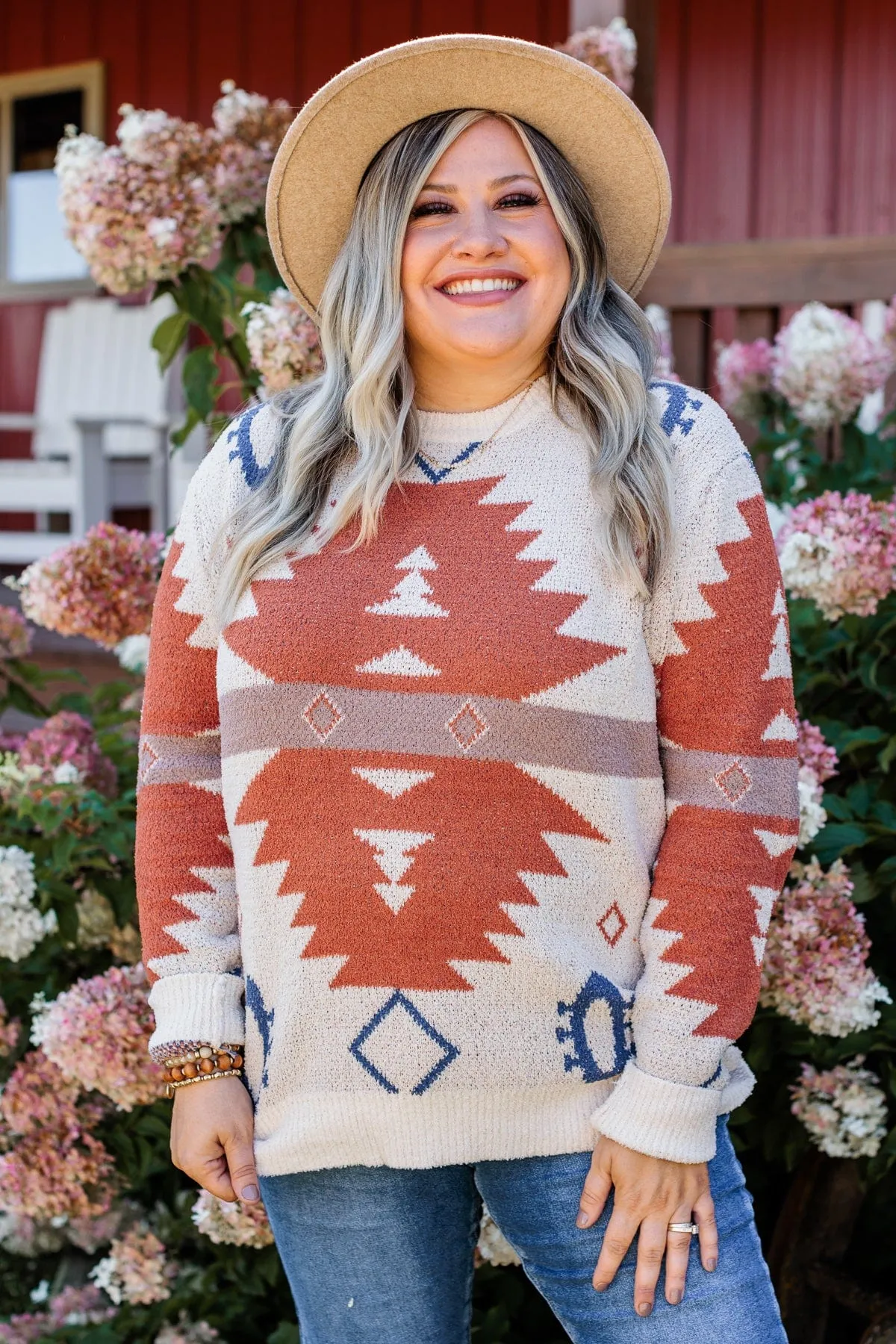 Down To Earth Aztec Sweater- Oatmeal, Rust & Navy