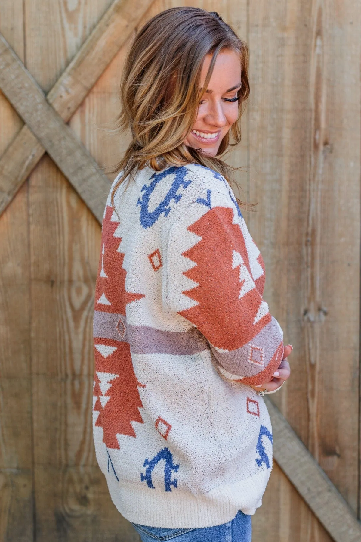 Down To Earth Aztec Sweater- Oatmeal, Rust & Navy