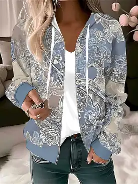 Floral Zip Up Hoodie for Women - Blue Green Light Blue Casual Sports Top