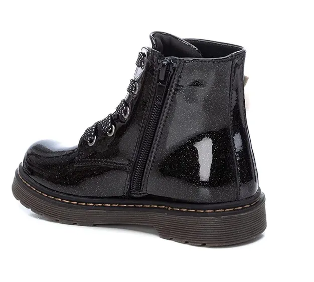 Girls XTI Boots Black Glitter Faux Patent Ankle Inside Zip 5 Eyelet 150212 sale