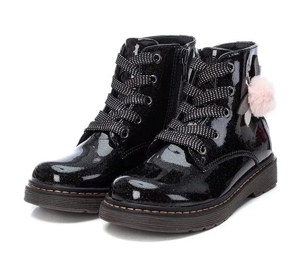 Girls XTI Boots Black Glitter Faux Patent Ankle Inside Zip 5 Eyelet 150212 sale