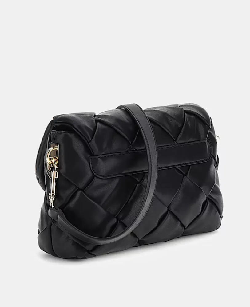 GUESS ZAINA WOVEN FLAP SHOULDER BLACK BAG