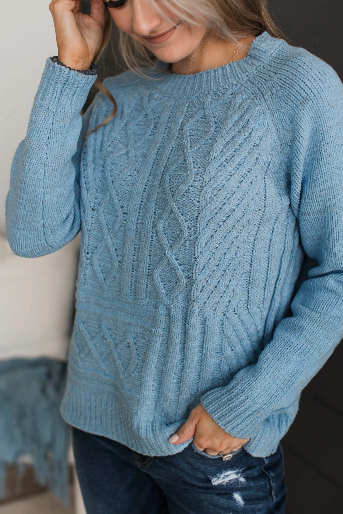 Hit It Off Chenille Knit Sweater- Light Blue