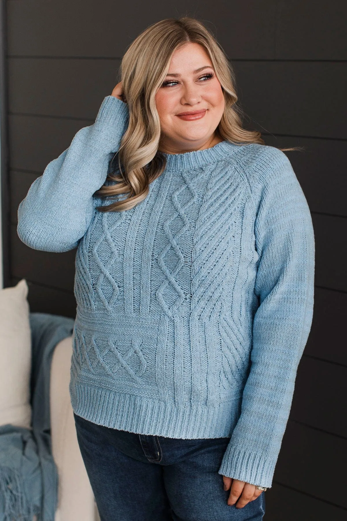 Hit It Off Chenille Knit Sweater- Light Blue