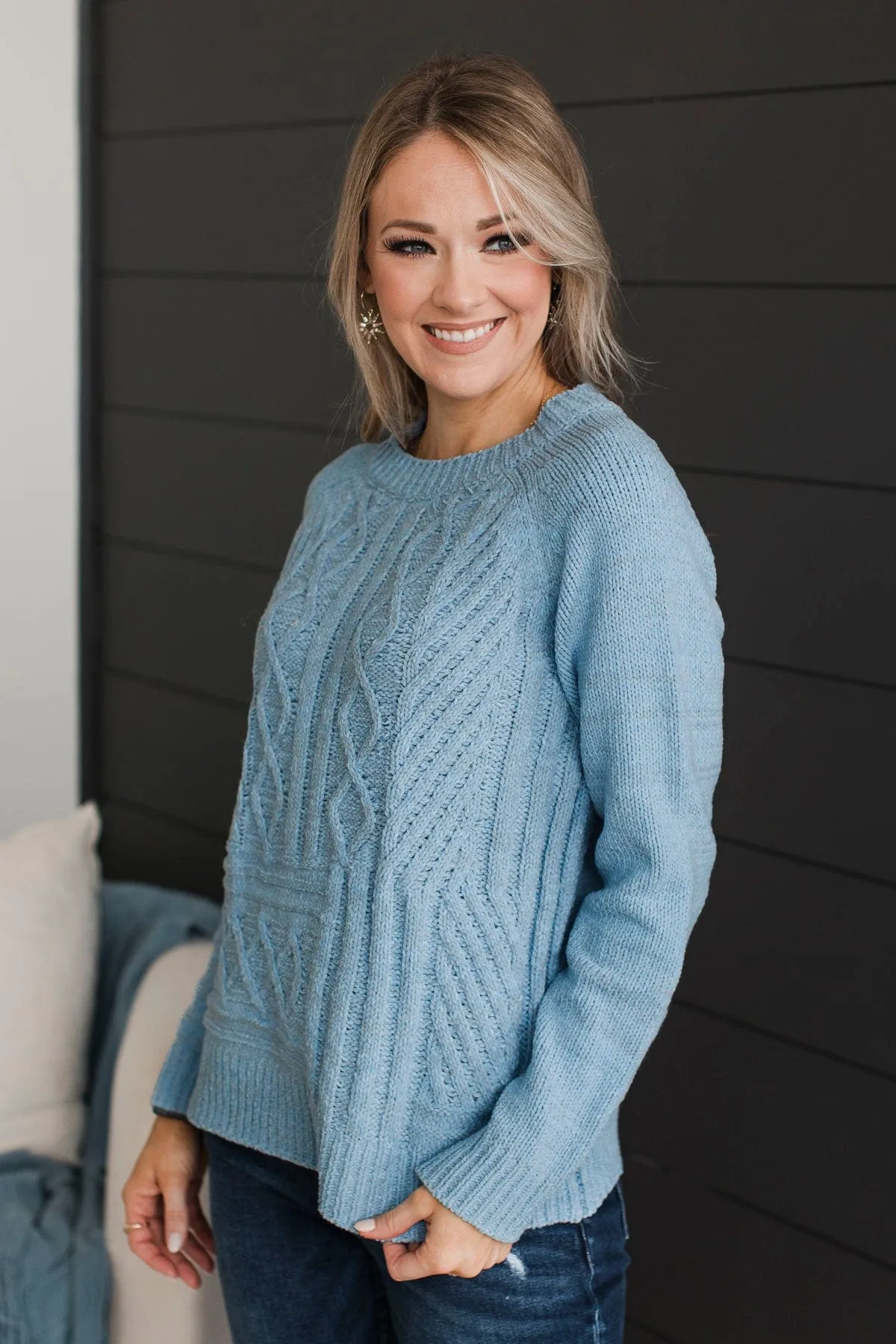 Hit It Off Chenille Knit Sweater- Light Blue