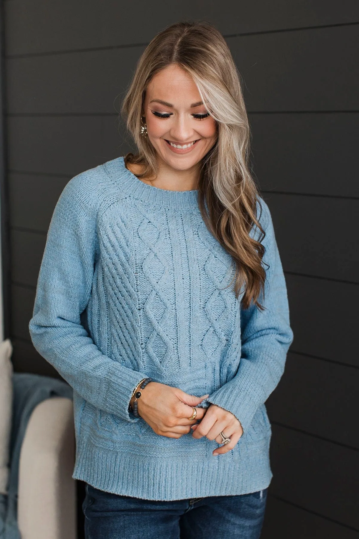 Hit It Off Chenille Knit Sweater- Light Blue