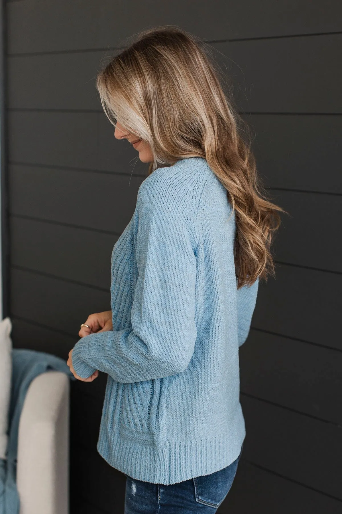 Hit It Off Chenille Knit Sweater- Light Blue