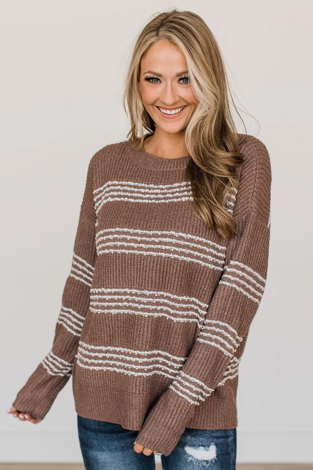 In The Know Striped Knit Sweater- Dark Mocha