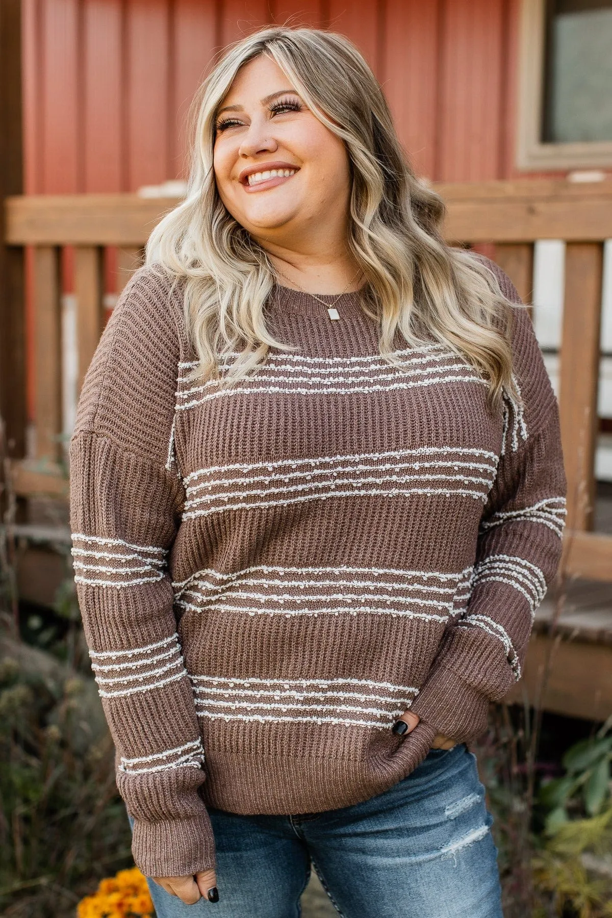 In The Know Striped Knit Sweater- Dark Mocha