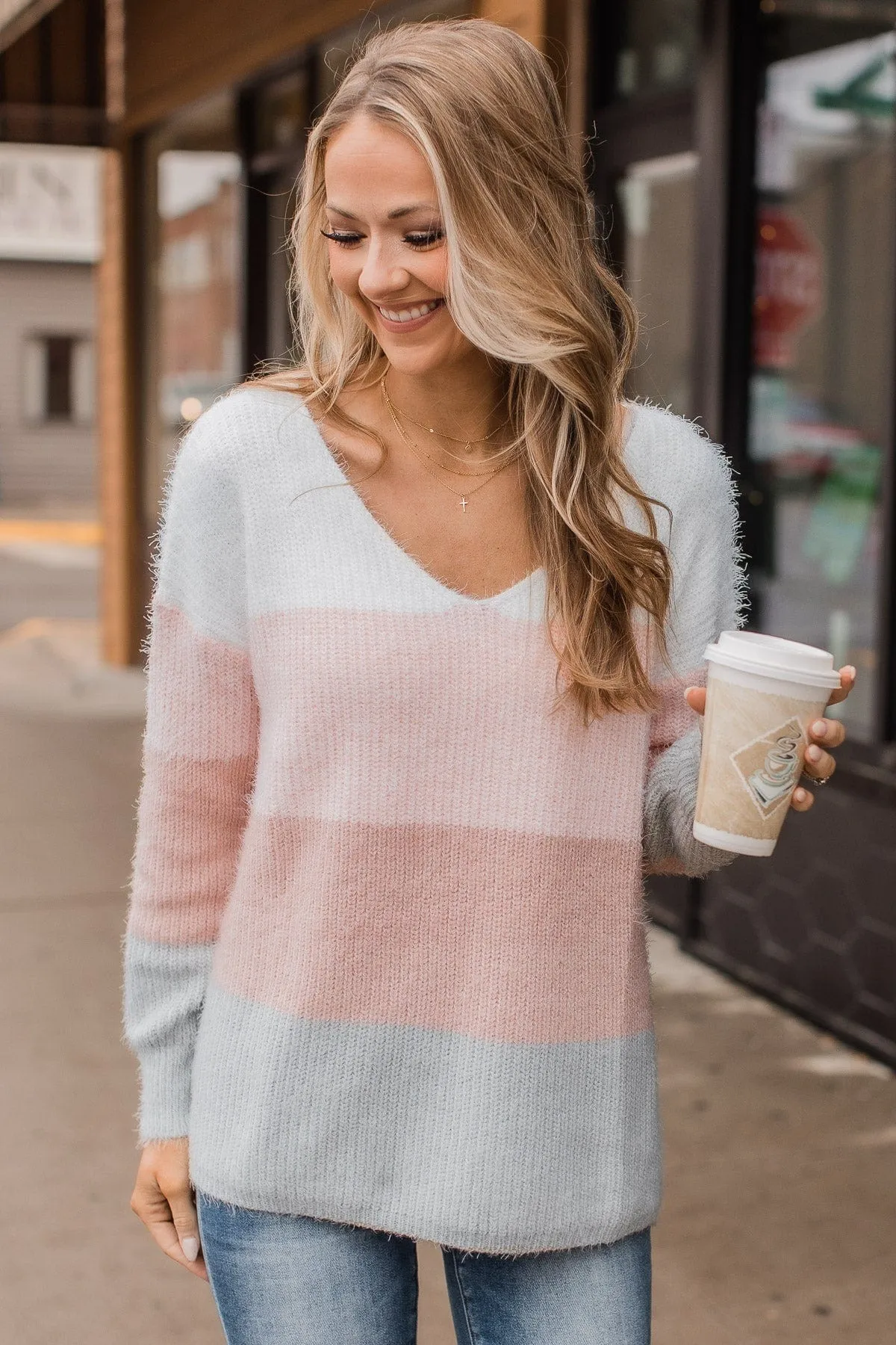 My Reason Why Knit Sweater- Ivory, Pink, & Grey