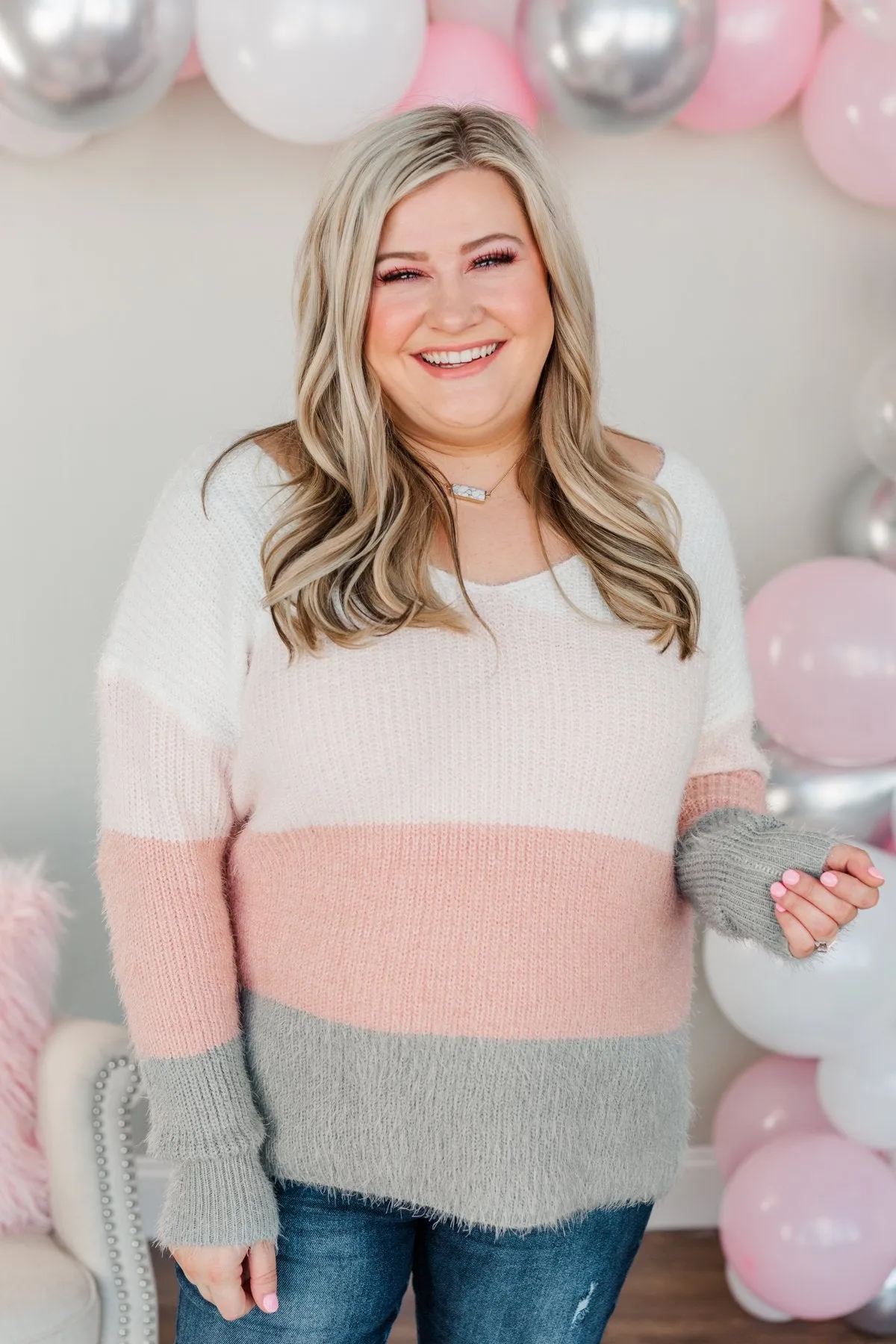 My Reason Why Knit Sweater- Ivory, Pink, & Grey