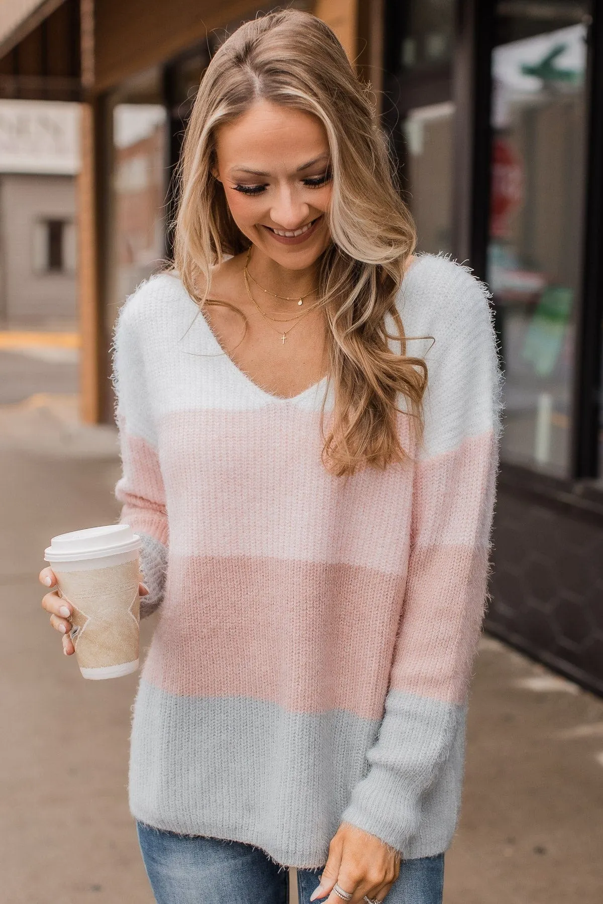 My Reason Why Knit Sweater- Ivory, Pink, & Grey