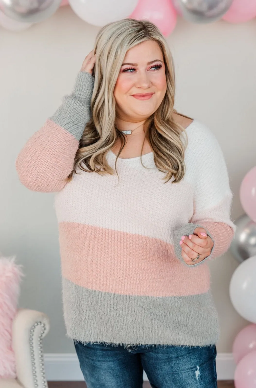 My Reason Why Knit Sweater- Ivory, Pink, & Grey