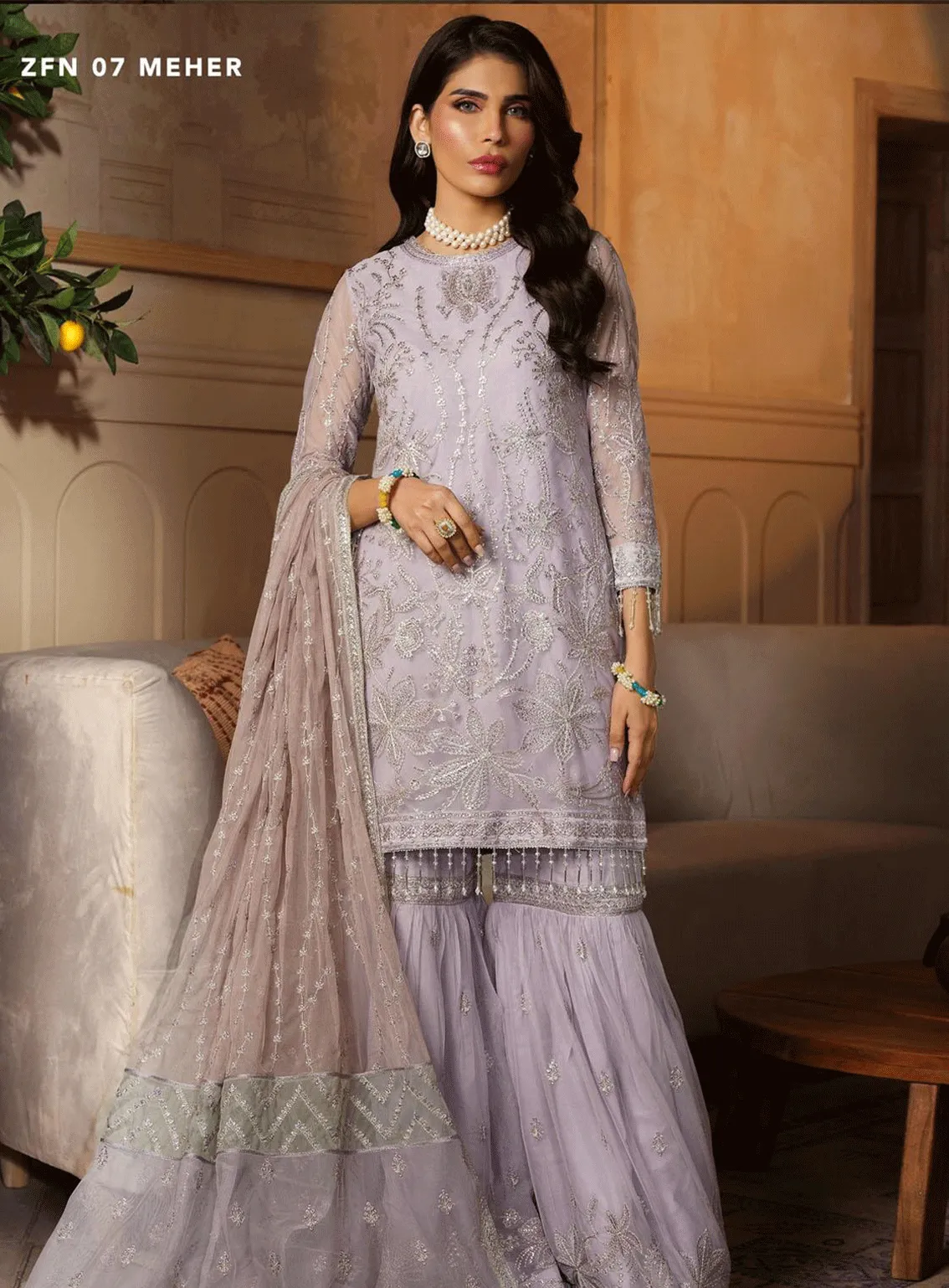 Nauroz By Zarif Embroidered Net Unstitched 3 Piece Suit - ZF23N ZFN-07 MEHER