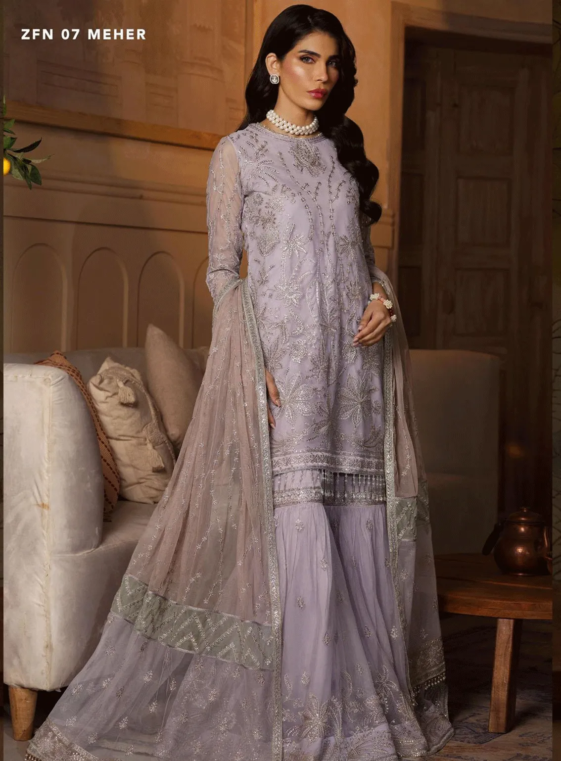 Nauroz By Zarif Embroidered Net Unstitched 3 Piece Suit - ZF23N ZFN-07 MEHER