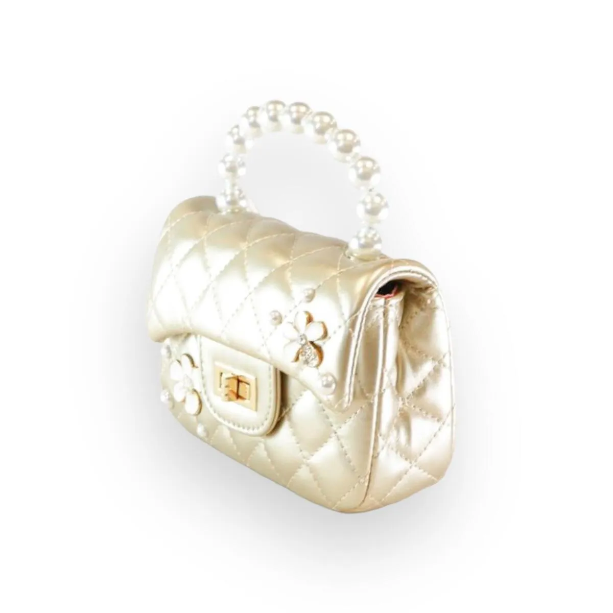 Pearl Handle Gold Quilted Leather Purse w/ Charms