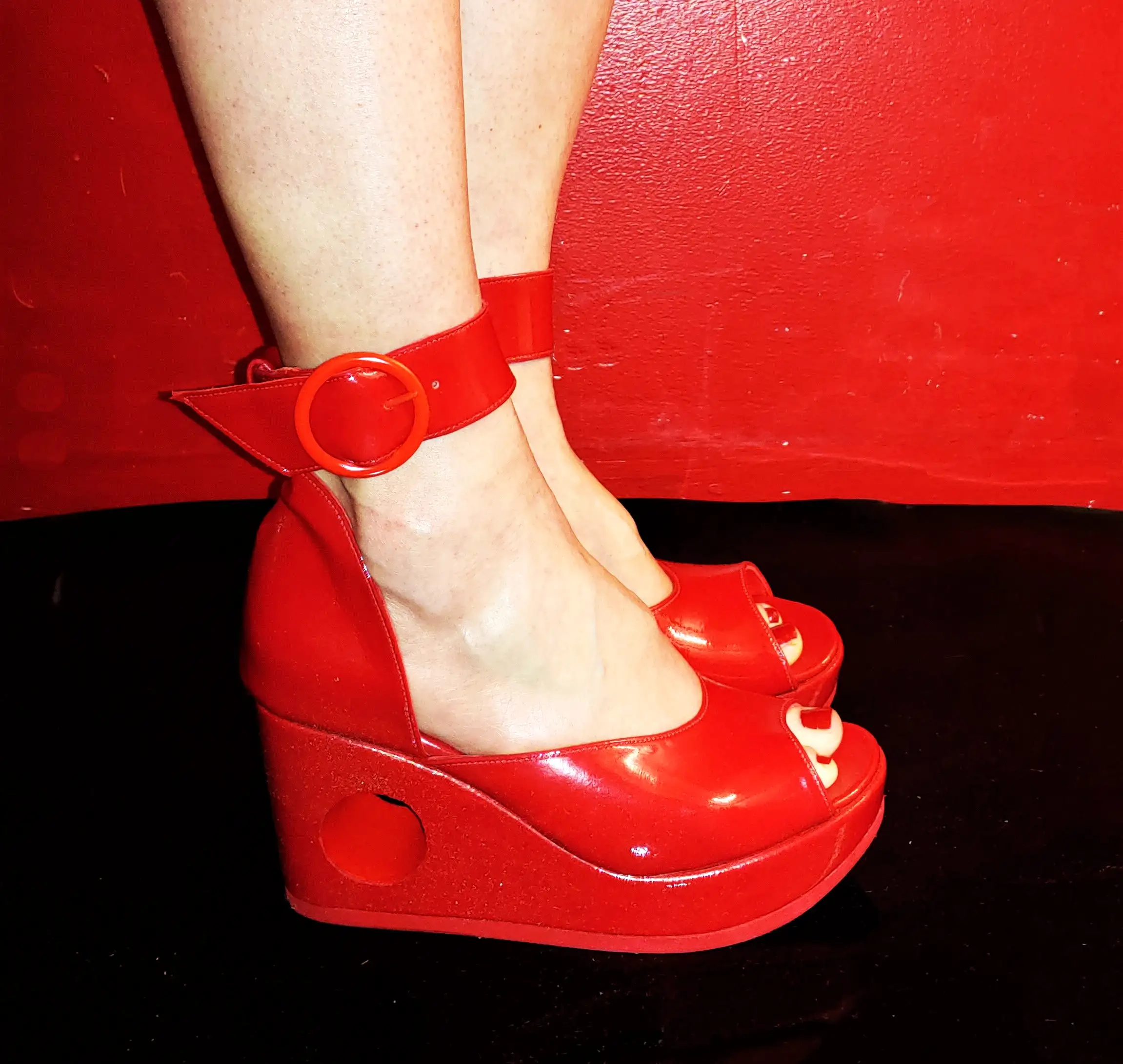 Red PEEPHOLE Platform Sandals