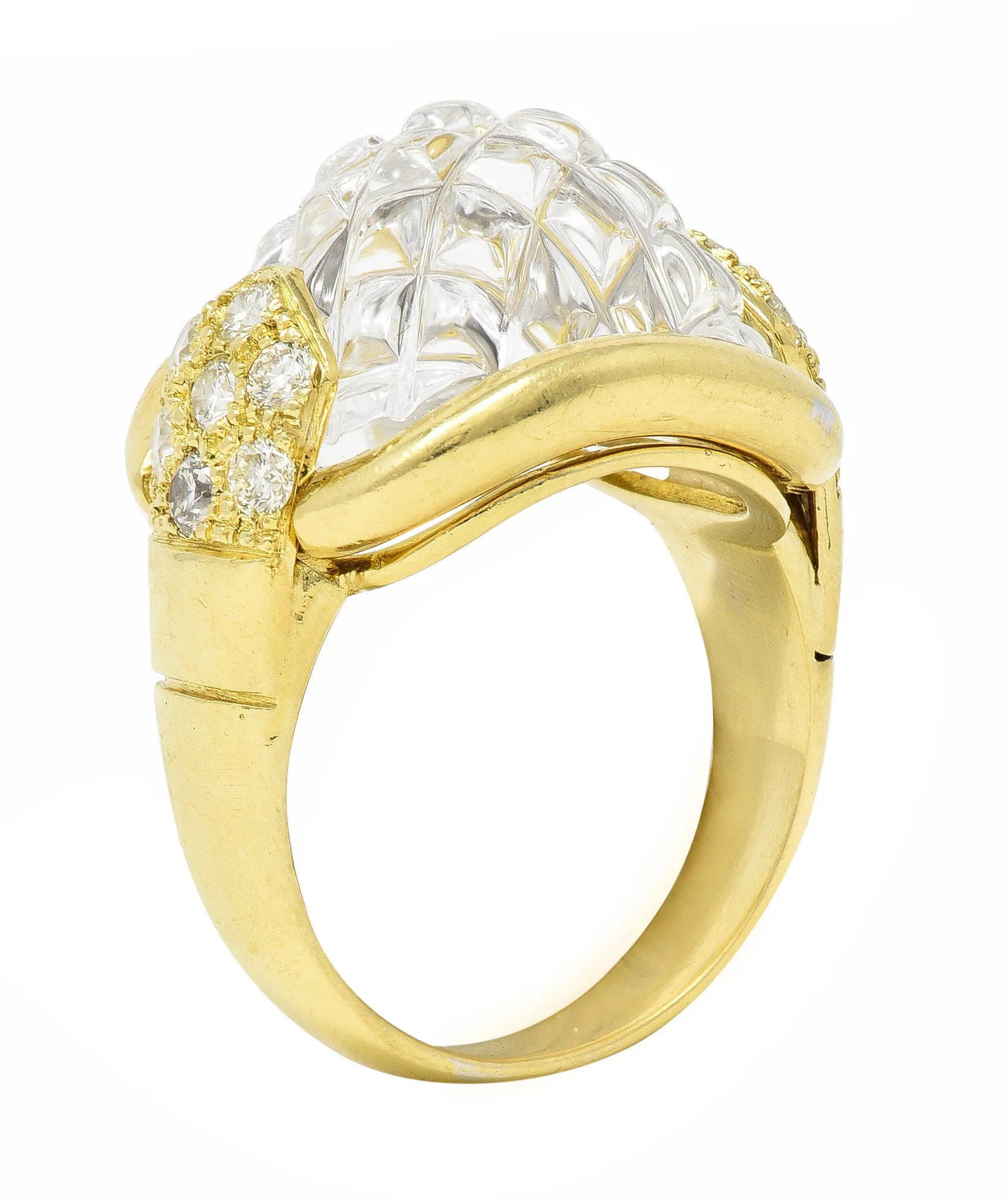 Sabbadini 1980's 0.56 CTW Diamond Carved Rock Crystal Quartz 18 Karat Yellow Gold Vintage Ring