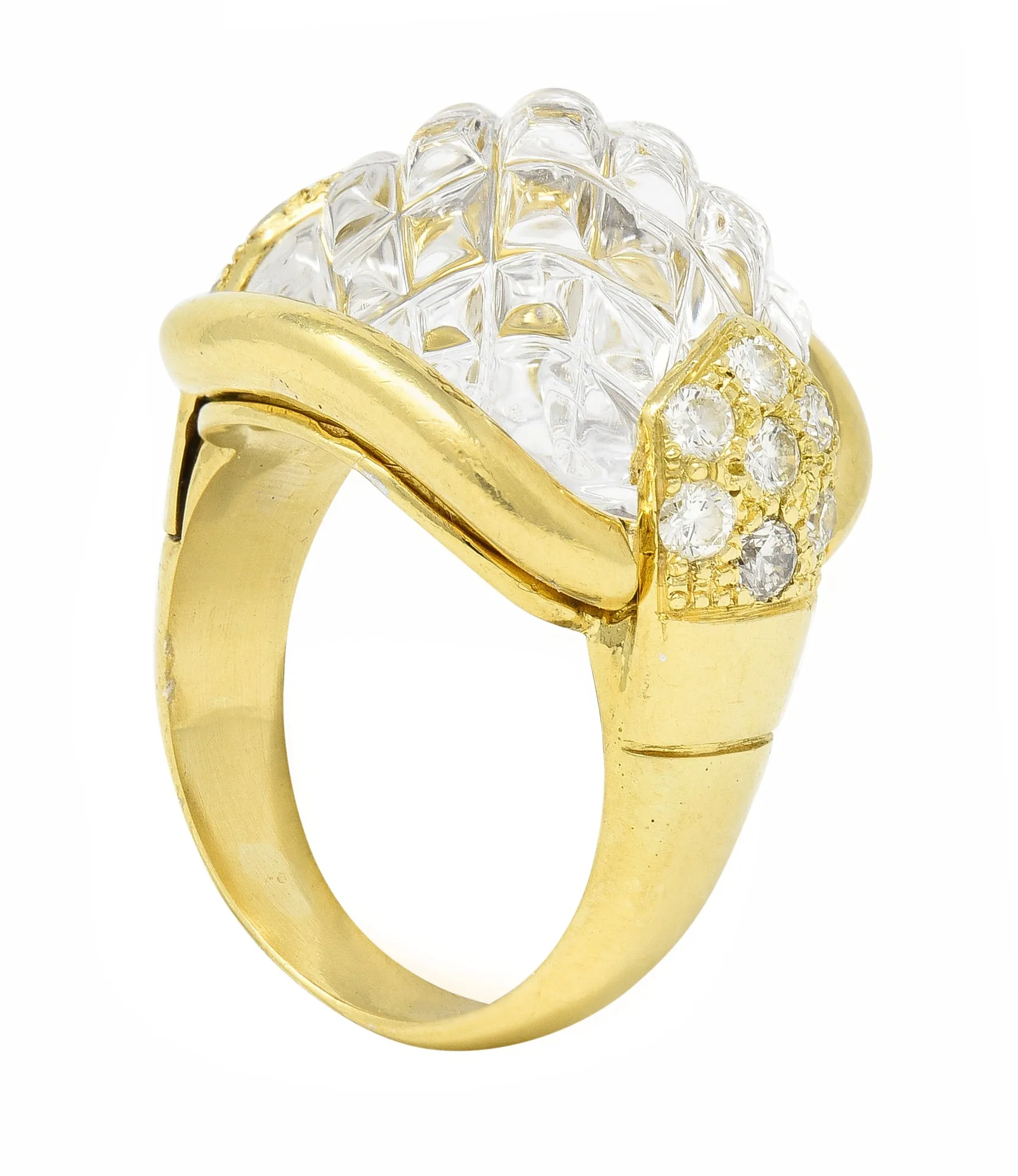 Sabbadini 1980's 0.56 CTW Diamond Carved Rock Crystal Quartz 18 Karat Yellow Gold Vintage Ring