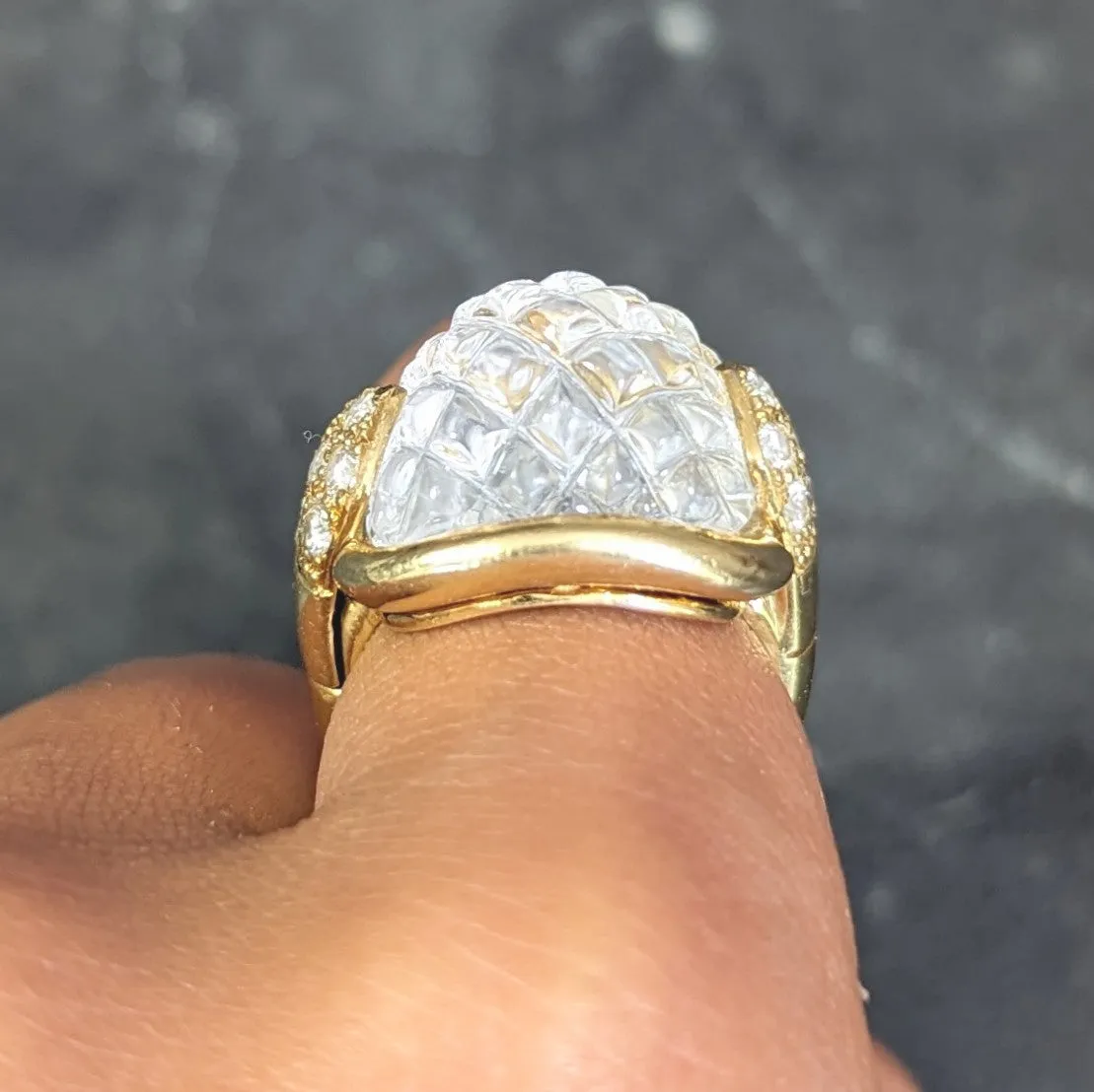 Sabbadini 1980's 0.56 CTW Diamond Carved Rock Crystal Quartz 18 Karat Yellow Gold Vintage Ring