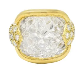 Sabbadini 1980's 0.56 CTW Diamond Carved Rock Crystal Quartz 18 Karat Yellow Gold Vintage Ring