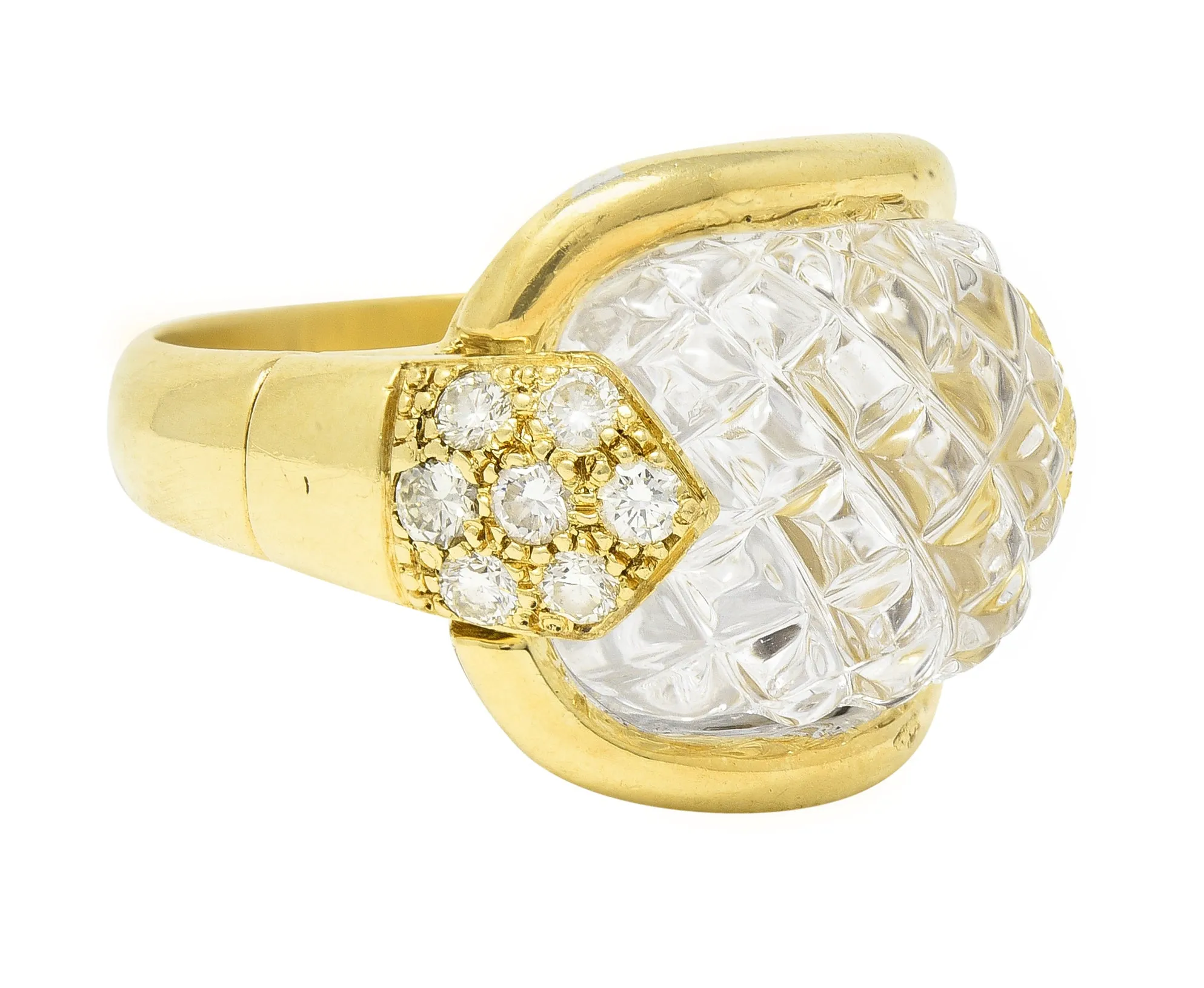 Sabbadini 1980's 0.56 CTW Diamond Carved Rock Crystal Quartz 18 Karat Yellow Gold Vintage Ring