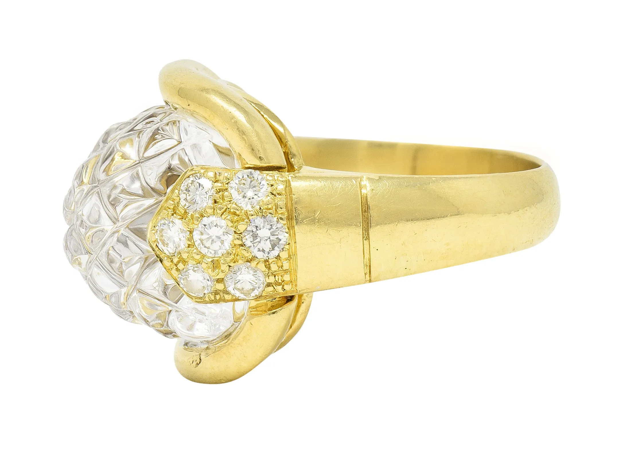 Sabbadini 1980's 0.56 CTW Diamond Carved Rock Crystal Quartz 18 Karat Yellow Gold Vintage Ring