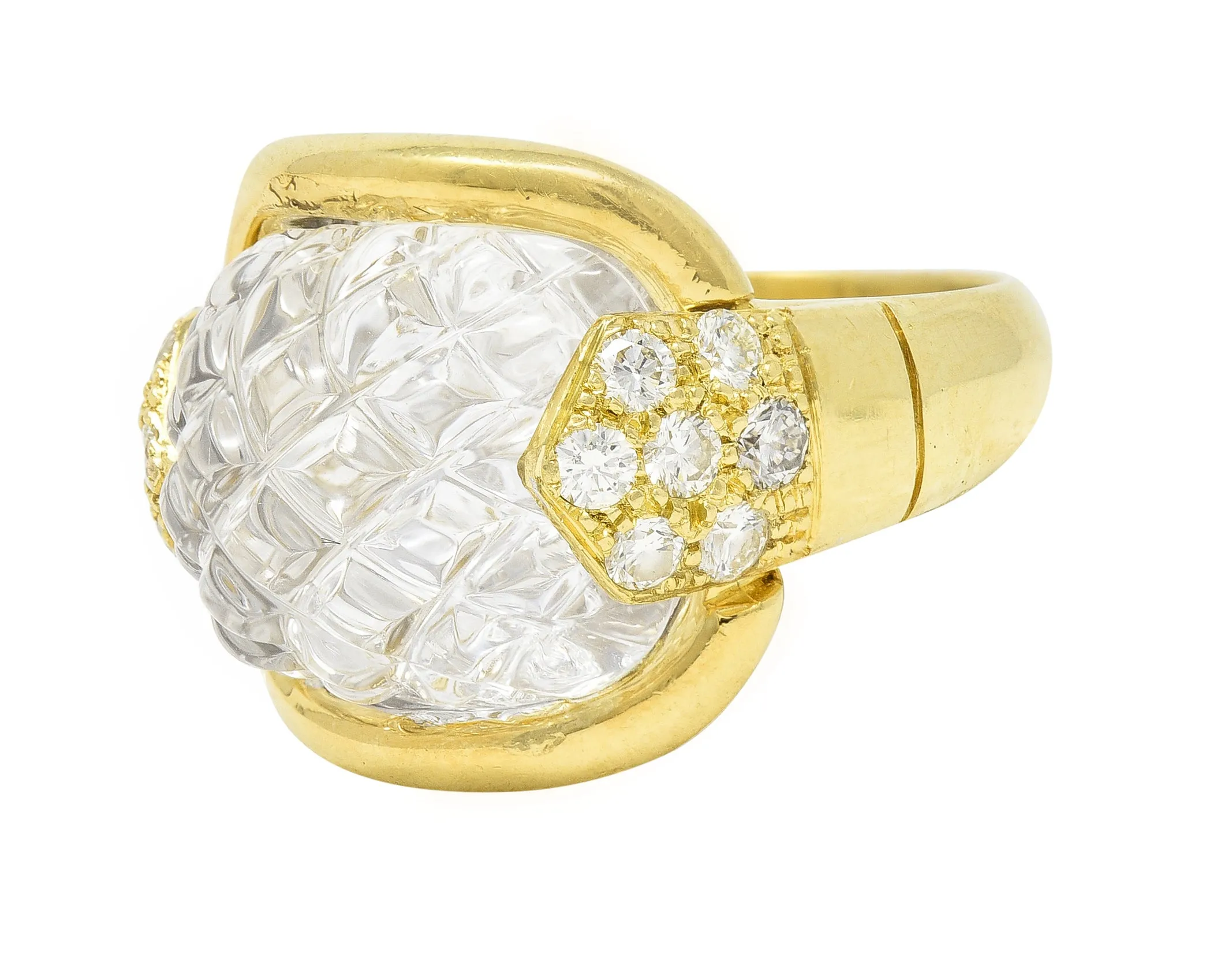 Sabbadini 1980's 0.56 CTW Diamond Carved Rock Crystal Quartz 18 Karat Yellow Gold Vintage Ring