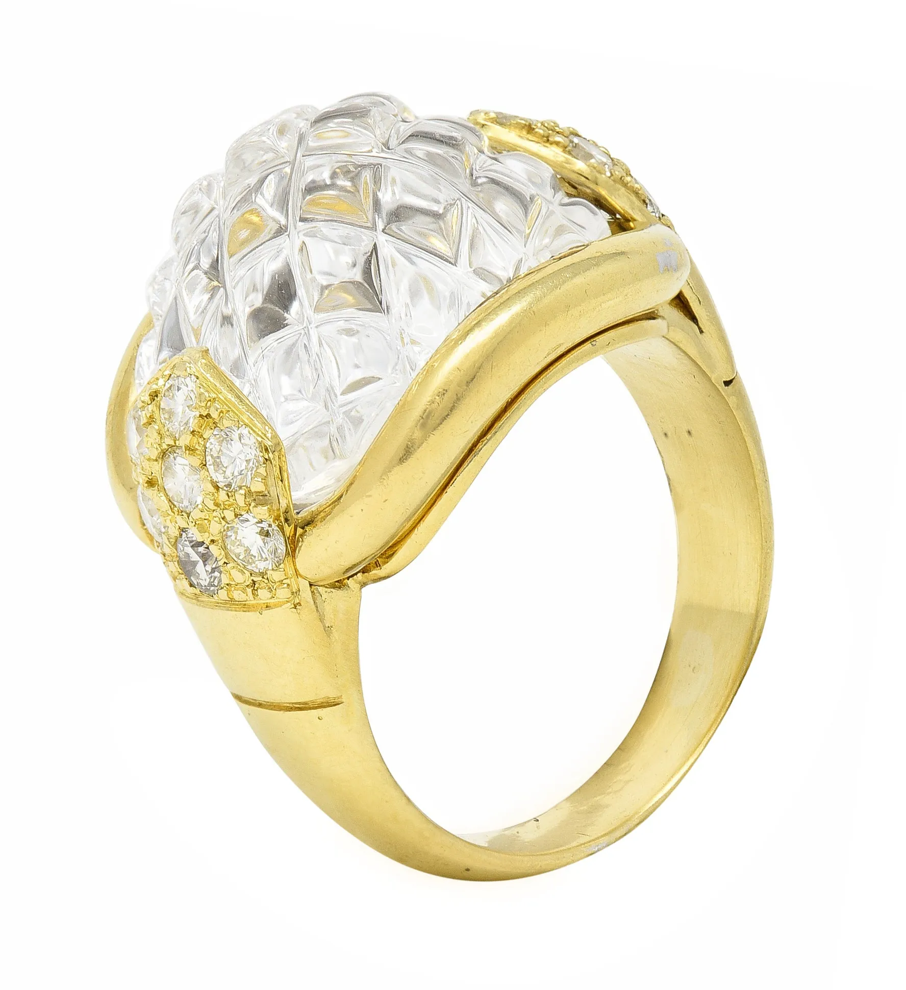 Sabbadini 1980's 0.56 CTW Diamond Carved Rock Crystal Quartz 18 Karat Yellow Gold Vintage Ring